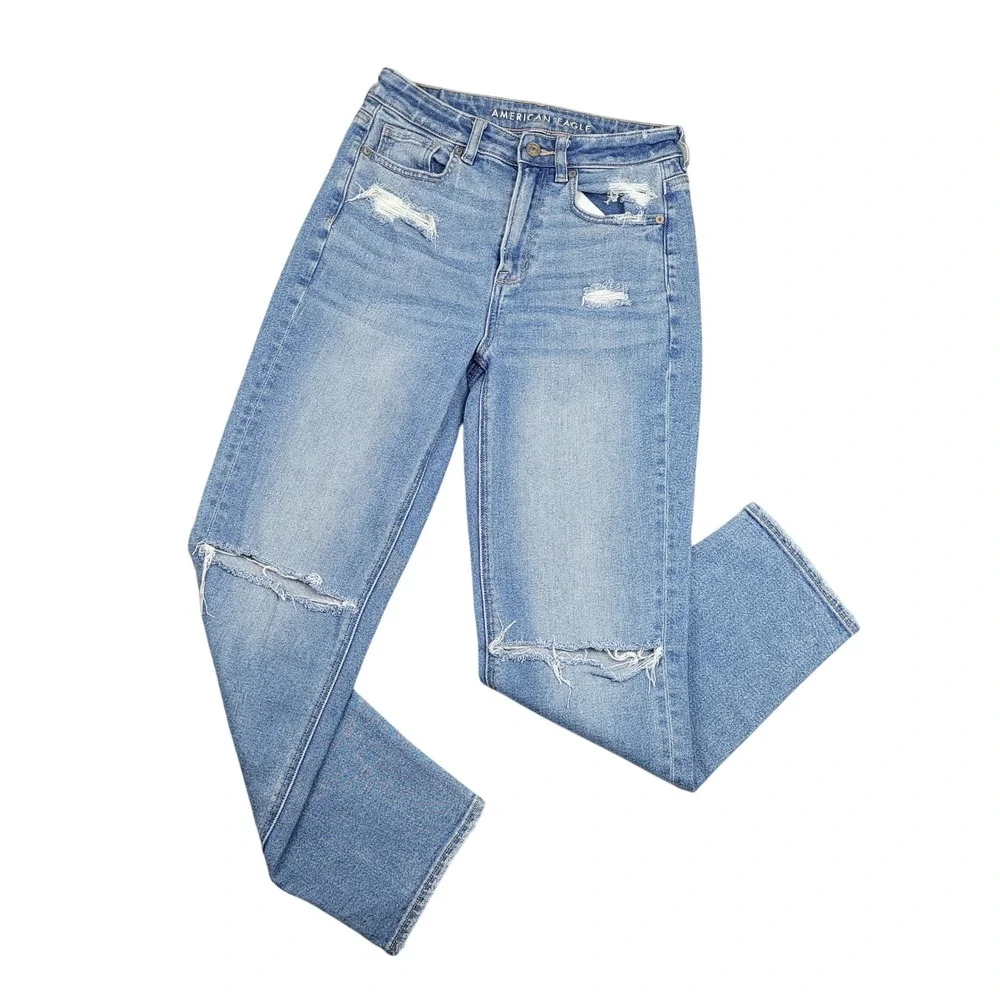 American Eagle Mom Straight Jeans Womens Sz 4 High Rise Distressed Denim Blue
